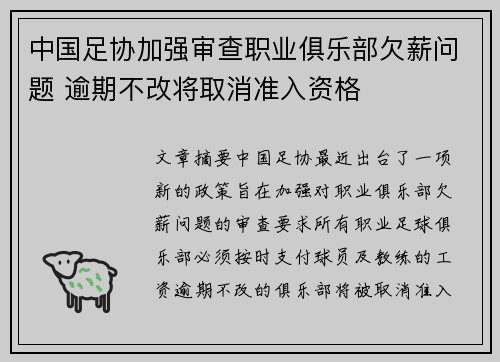 中国足协加强审查职业俱乐部欠薪问题 逾期不改将取消准入资格